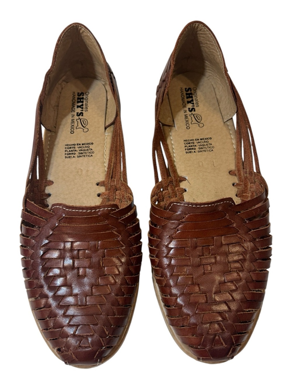SHY’S Handmade in Mexico Brown Leather Huarache Flats Woven Slip-On Shoes Women’